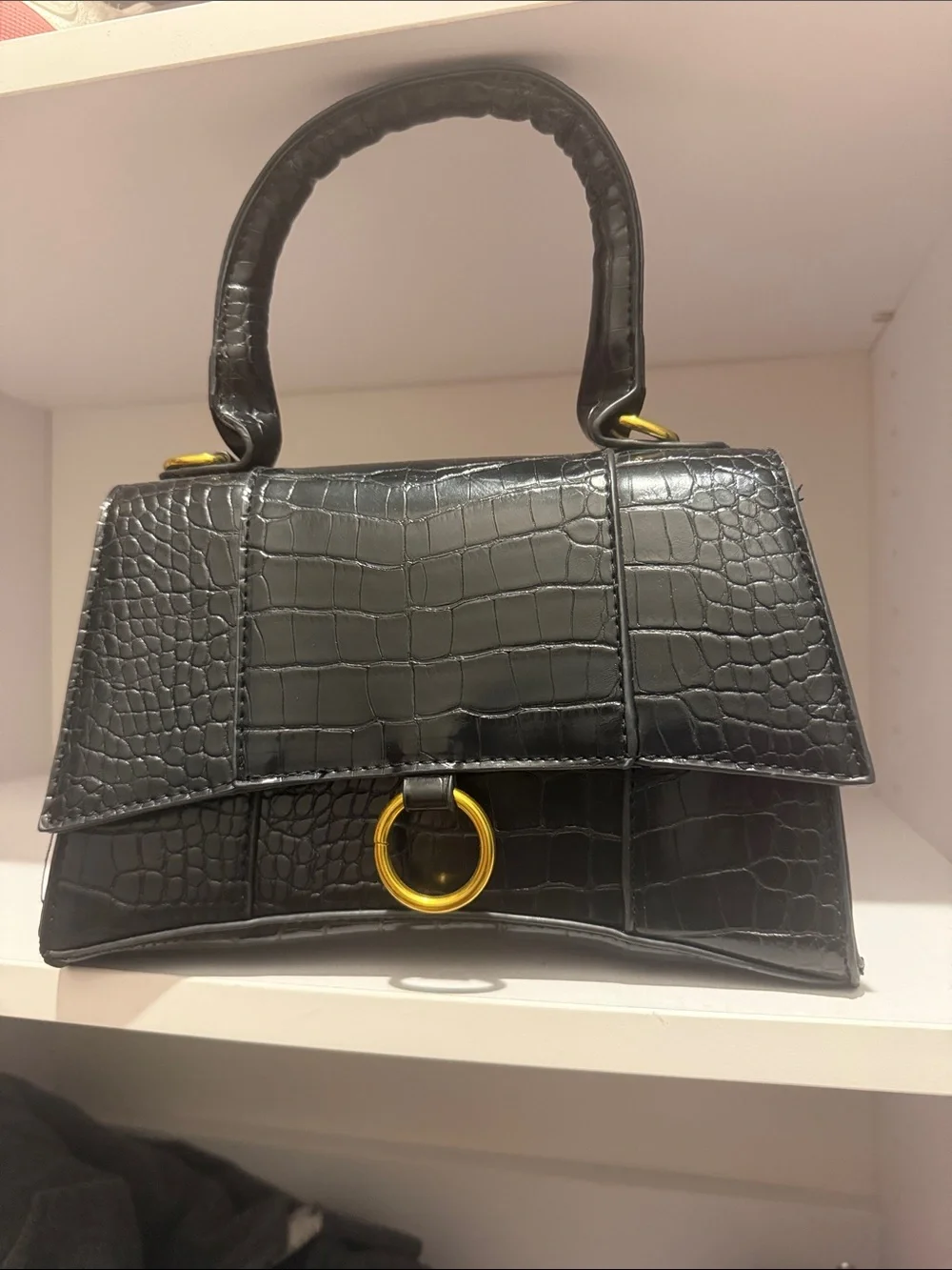 Vintage Black Croc-Embossed Top Handle Bag with Gold Ring Accent